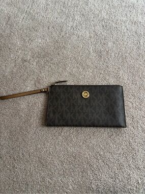 Michael Kors Dark Brown MK Logo Wristlet Clutch with Gold Accent